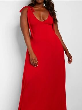 Red Tie-Shoulder Scoop Neck Maxi Dress - Women